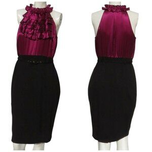 INC Magenta Stretch Silk Ruffle Black Ponte Knit Sheath Dress Party US 10 NWT